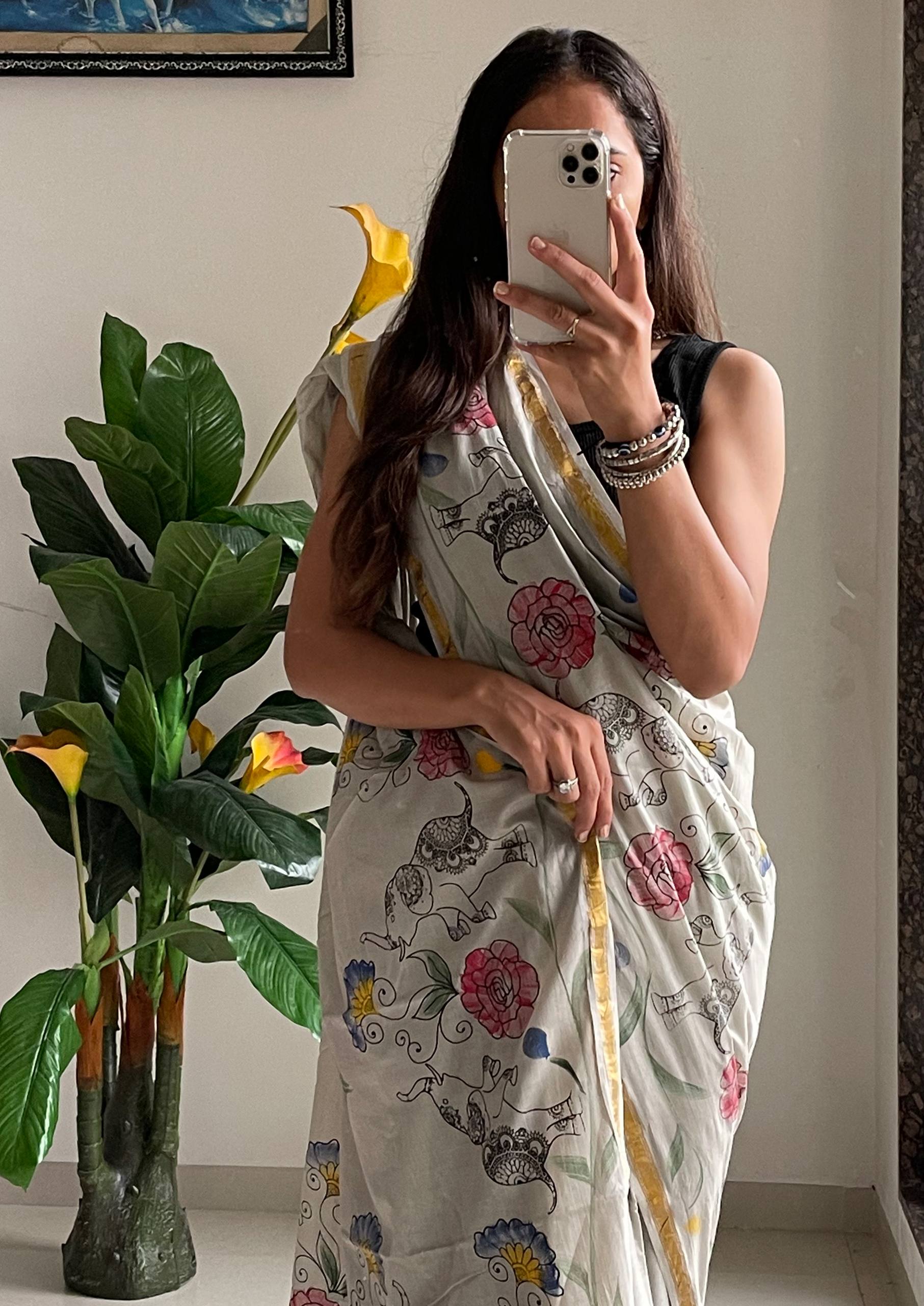 Original Madhubani Hand-Painted & Hand-Block Maslin Cotton Saree with Zari Border – Grey Neutral | Aakriti Couture