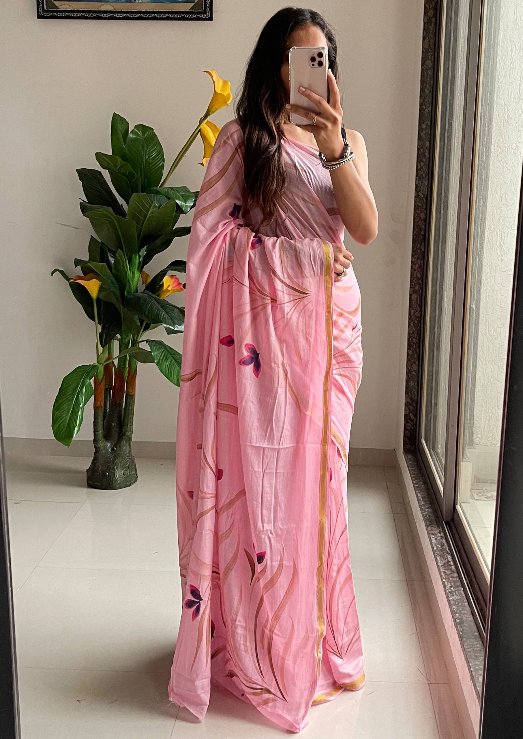 Original Hand-Painted Maslin Cotton Saree with Heavy Zari Border – Baby Pink | Aakriti Couture