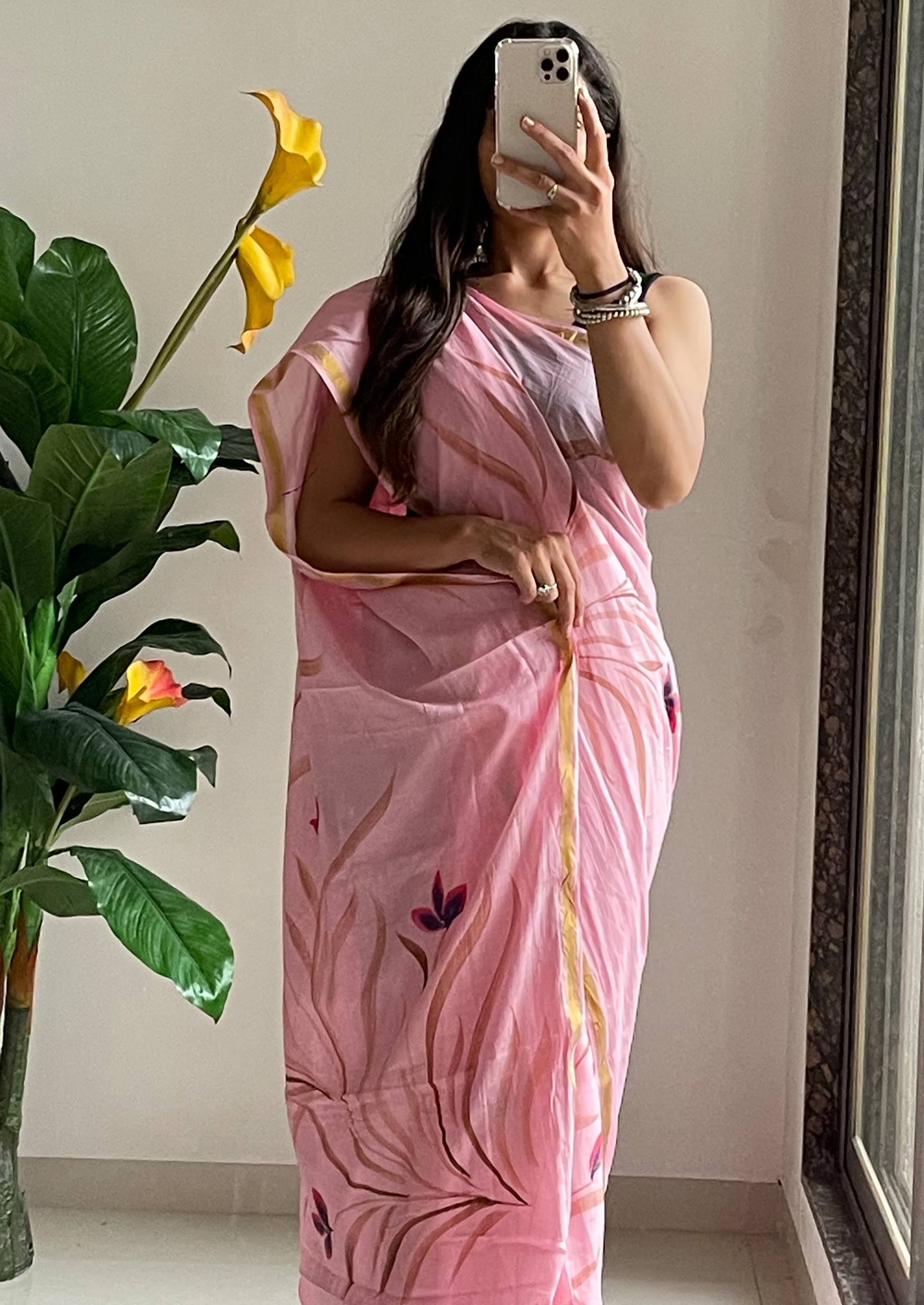 Original Hand-Painted Maslin Cotton Saree with Heavy Zari Border – Baby Pink | Aakriti Couture