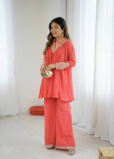 Trendy Chinon Cord Set with Embroidery Sequins Work | Stylish Top & Plazzo