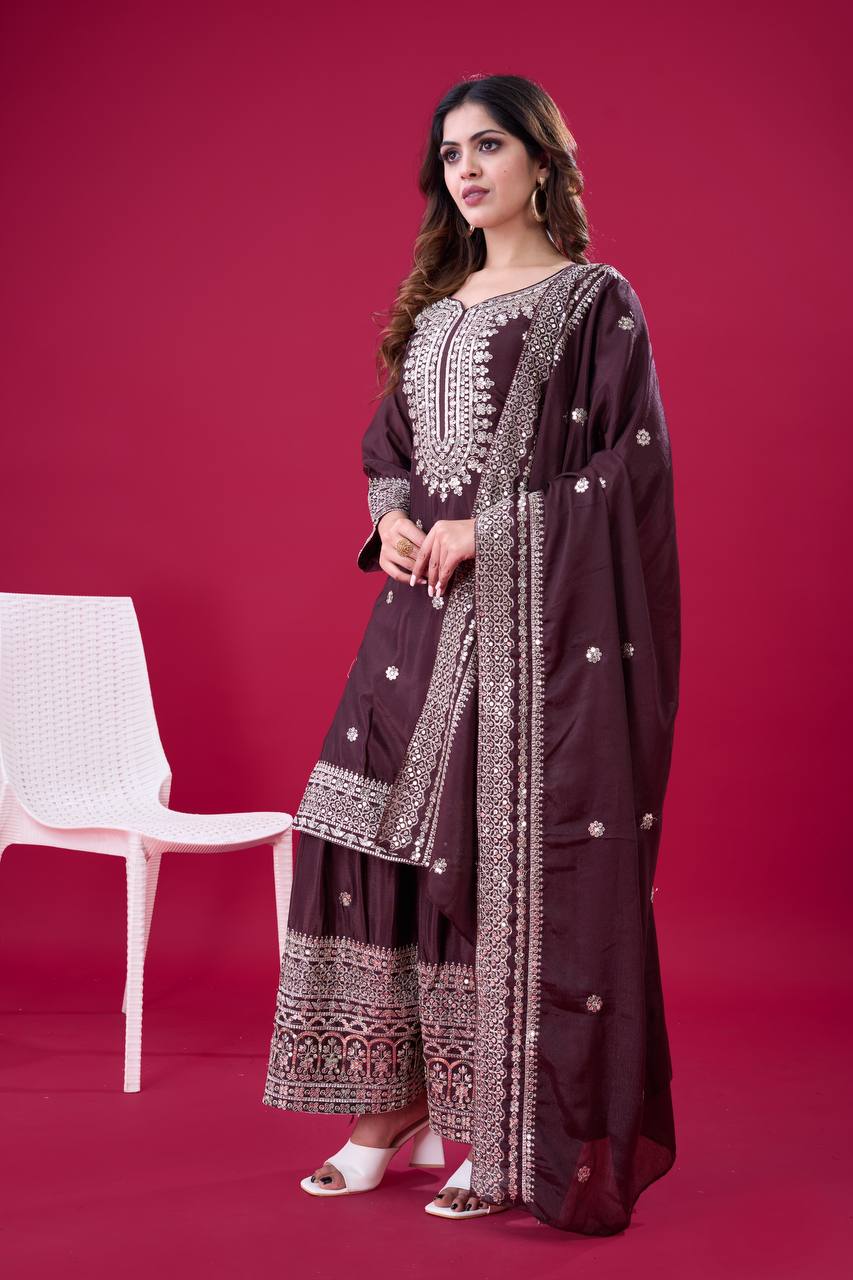 Heavy Chinnon Silk Embroidered Sharara Set with Dupatta