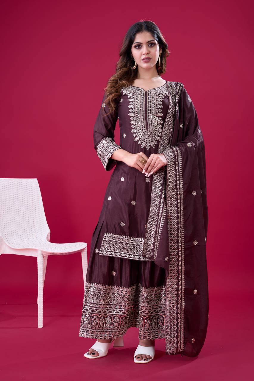 Heavy Chinnon Silk Embroidered Sharara Set with Dupatta