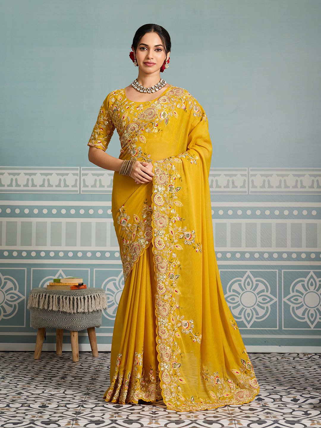 Yellow Party Wear Soft Star Georgette Saree with Embroidery Cutwork Border & Designer Blouse