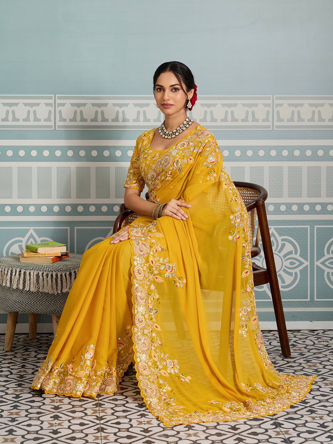 Yellow Party Wear Soft Star Georgette Saree with Embroidery Cutwork Border & Designer Blouse