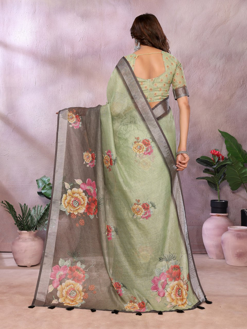Olive Green & Black Floral Linen Shimmer Saree with Designer Blouse Piece