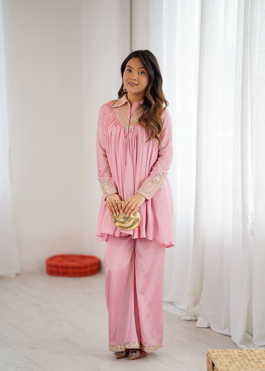 Trendy Chinon Cord Set with Embroidery Sequins Work | Stylish Top & Plazzo