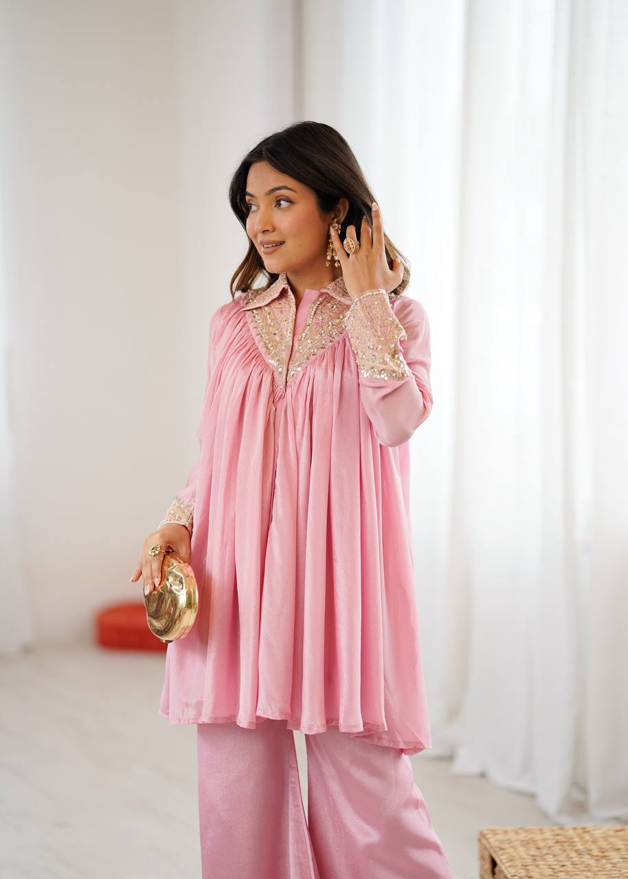 Trendy Chinon Cord Set with Embroidery Sequins Work | Stylish Top & Plazzo