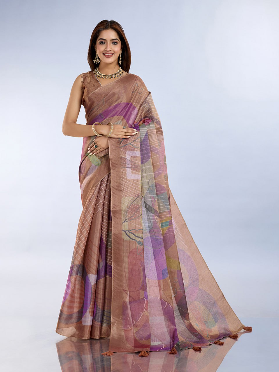 Brown Abstract Printed Erode Anmol Silk Saree with Designer Blouse Piece