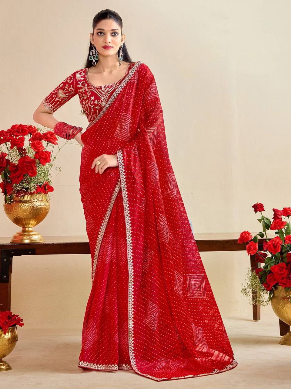 Elegant Moss Chiffon Silk Bandhani Saree with Embroidery Lace & Matching Blouse – Festive & Party Wear