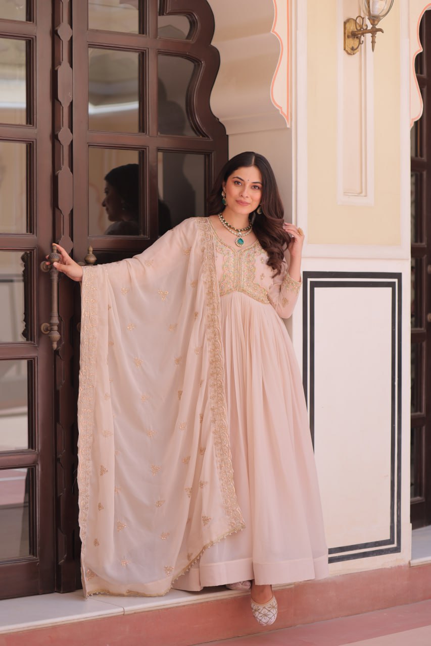Cream Pista Party Wear Star Georgette Gown with Beads & Sequins Embroidery and Matching Dupatta