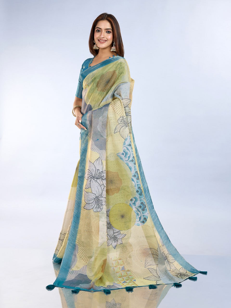 Floral & Abstract Printed Erode Anmol Silk Saree with Designer Blouse – Teal & Cream