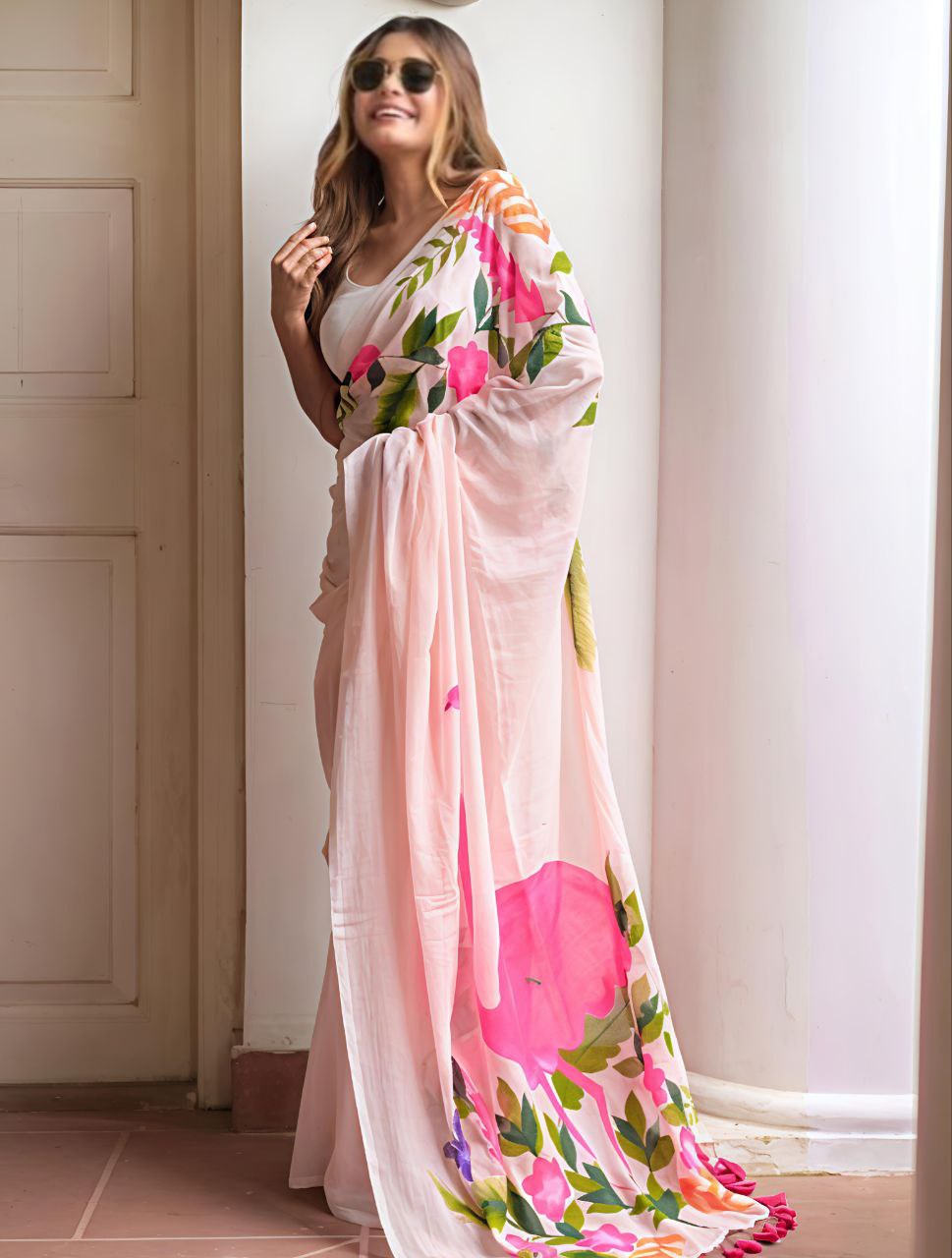Plain Linen Saree with Digital Print & Satin Blouse