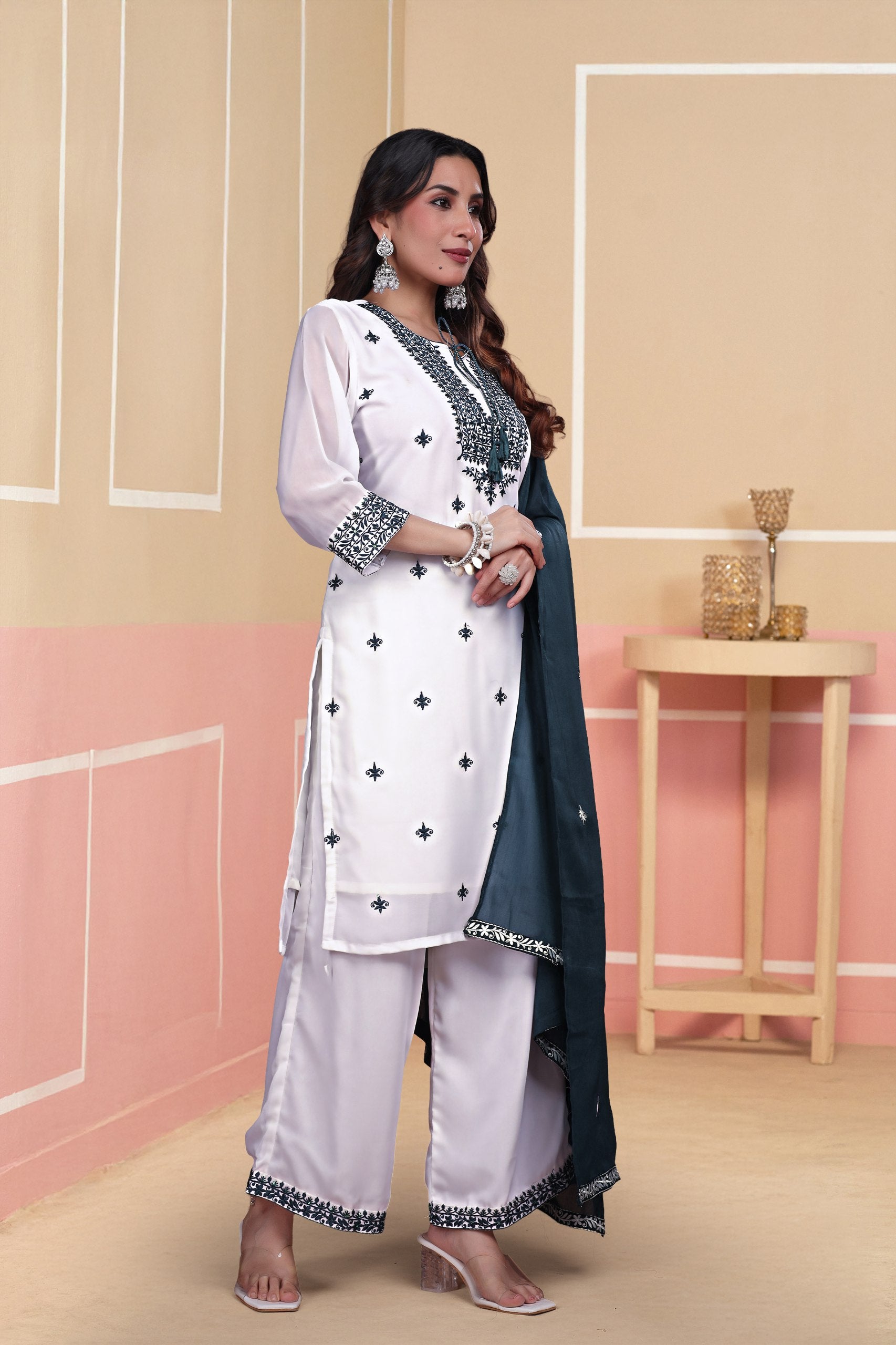 Elegant 3-Piece Embroidered Kurti Set with Plazzo & Dupatta – Festive & Casual