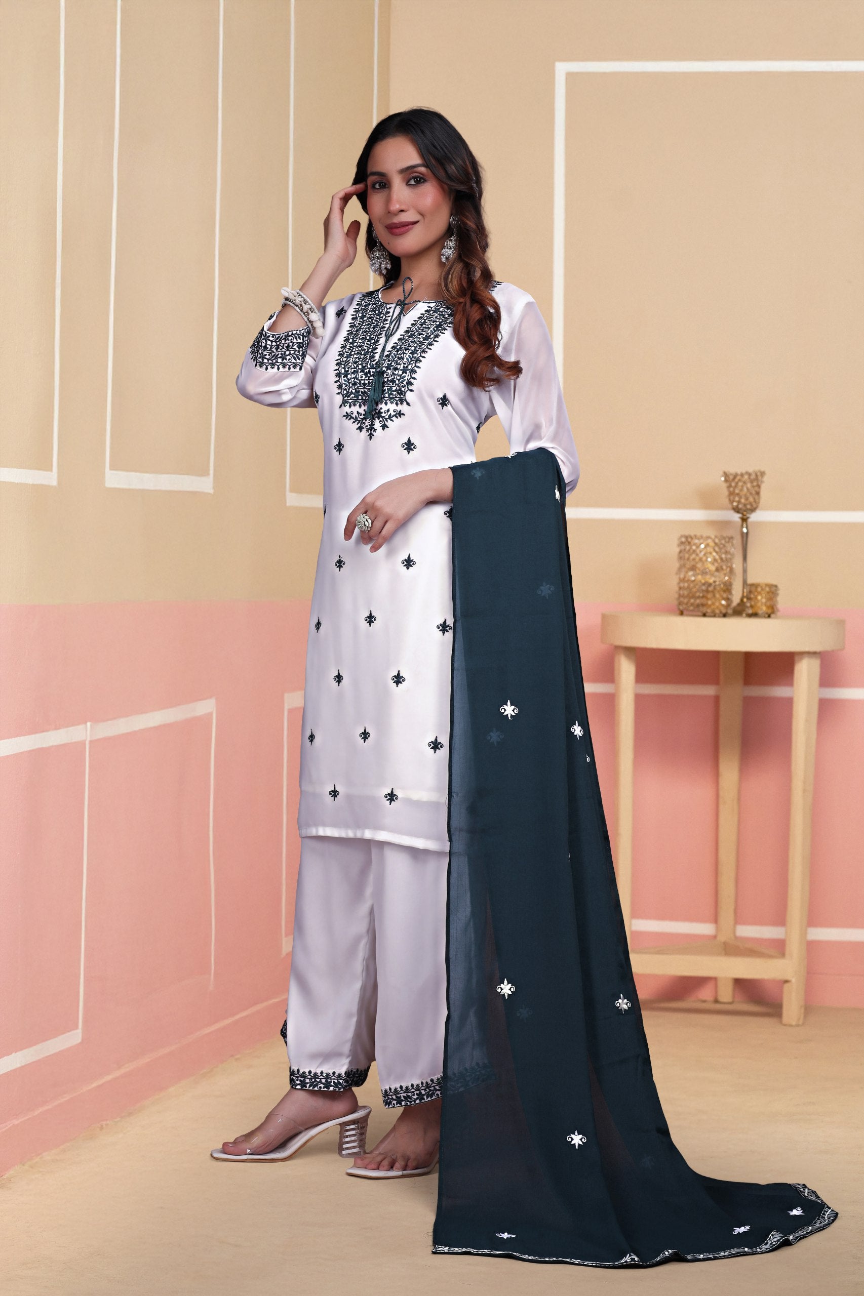 Elegant 3-Piece Embroidered Kurti Set with Plazzo & Dupatta – Festive & Casual