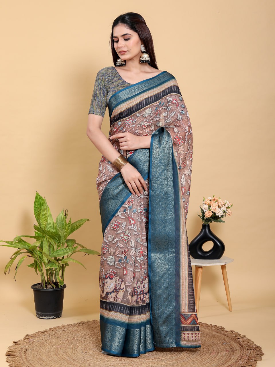 Heritage Brown & Teal Artistic Linen Cotton Saree with Kalamkari-Inspired Print