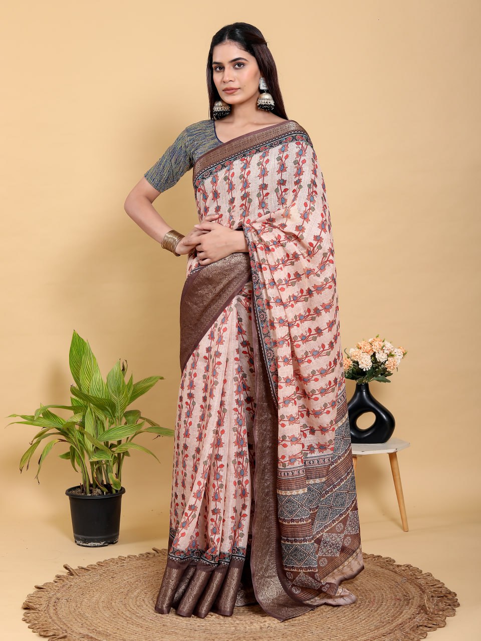 Beige Floral Print Linen Cotton Saree with Dark Brown Jacquard Border
