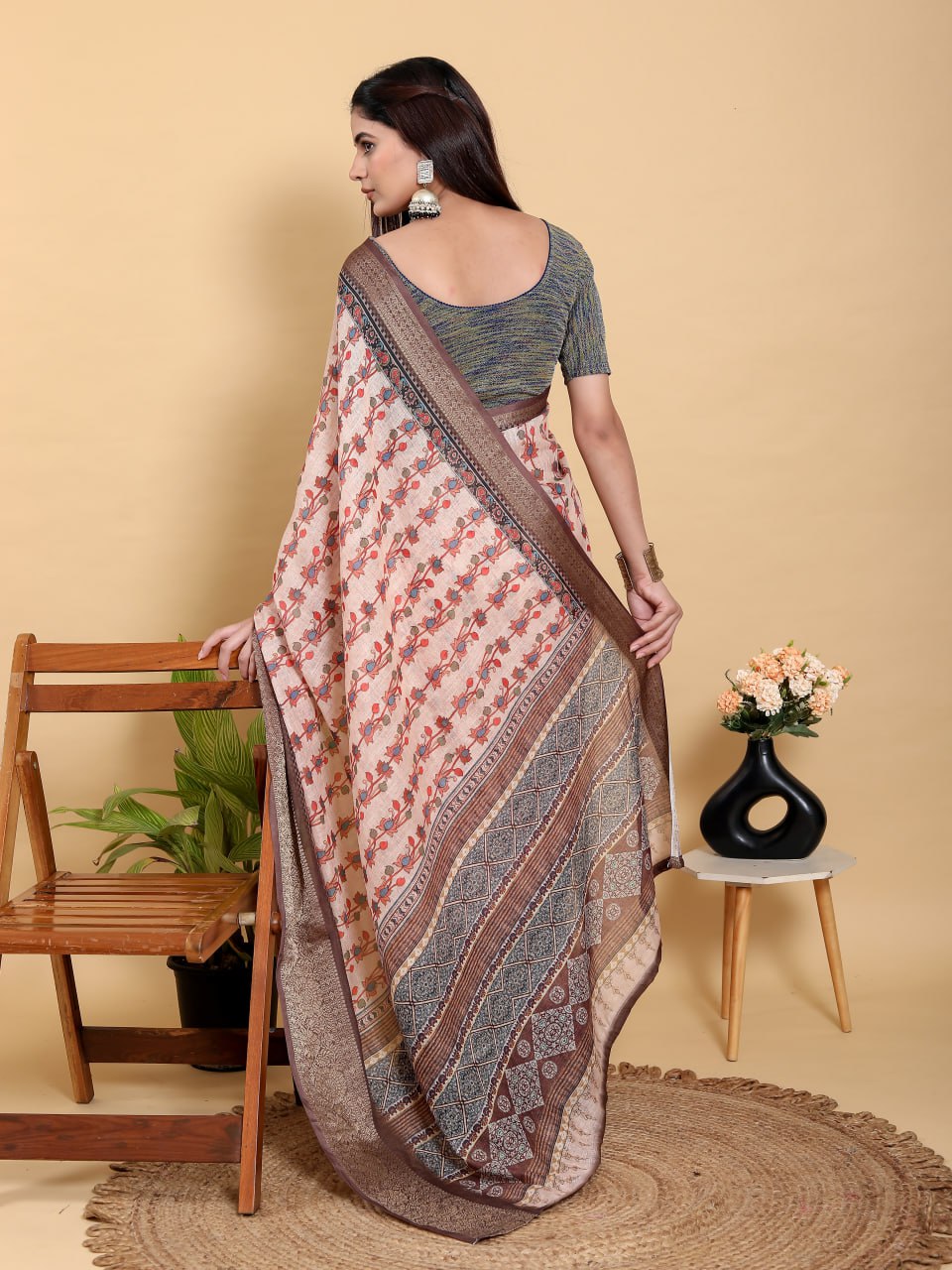 Beige Floral Print Linen Cotton Saree with Dark Brown Jacquard Border