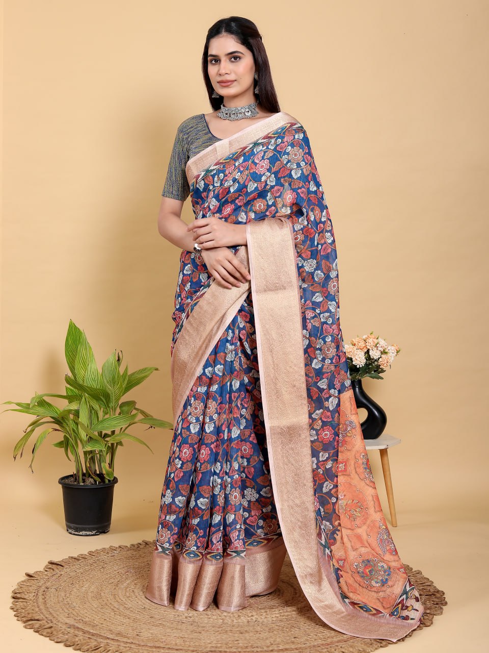 Artistic Navy & Copper Floral Linen Cotton Saree with Jacquard Border