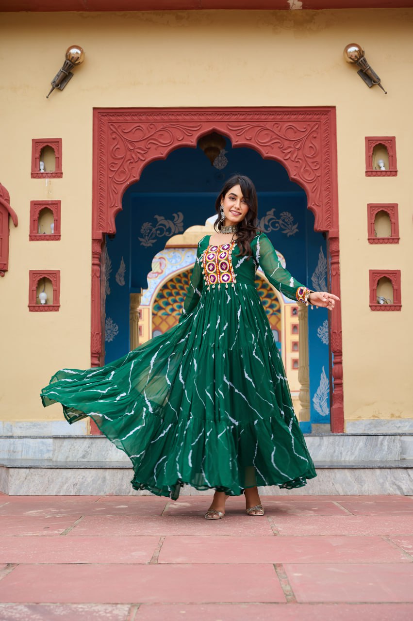 Laheriya Print Kutchi Patchwork Gown – Faux Georgette | Full Flair