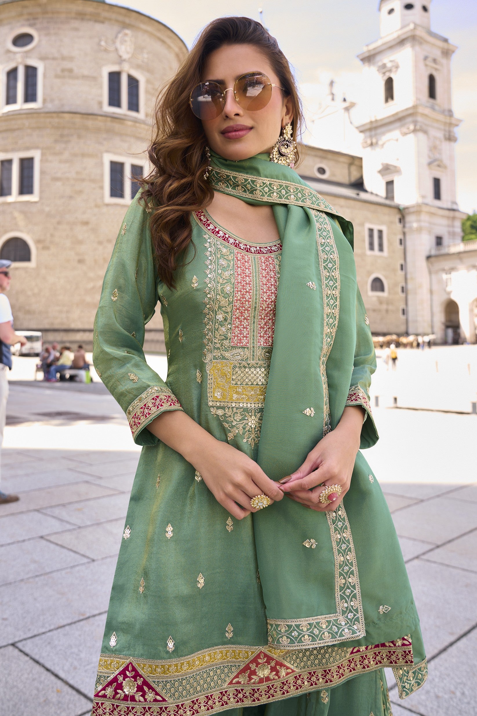 Green Real Simar Silk Embroidered Palazzo Suit with Dupatta