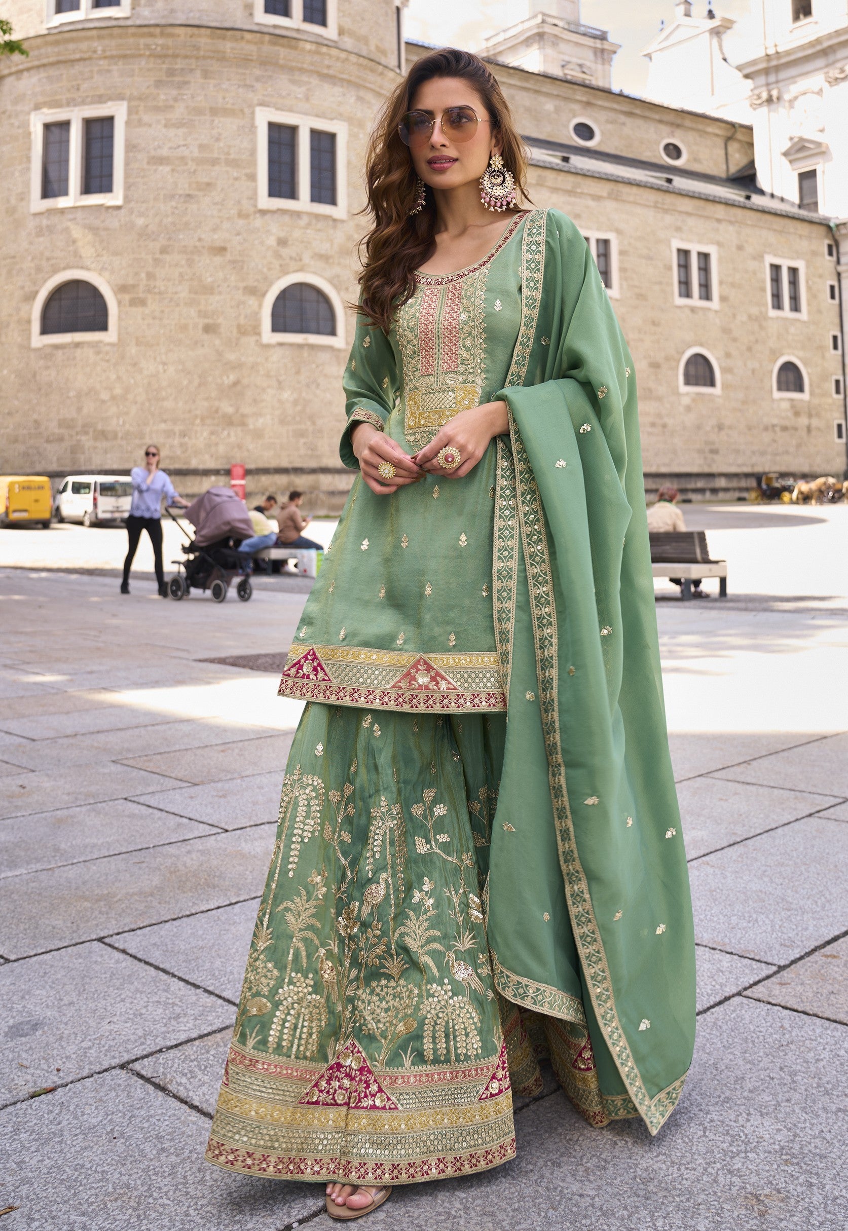 Green Real Simar Silk Embroidered Palazzo Suit with Dupatta
